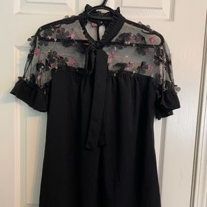 Forever 21 Floral Appliqué black dress with necktie, Size S